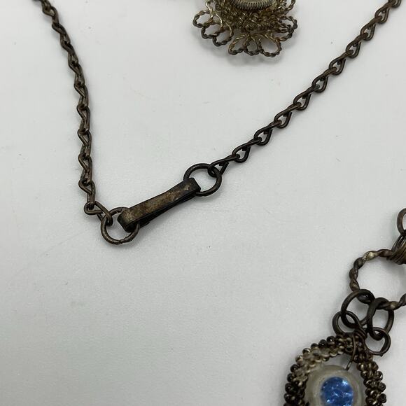 Vintage Wirework Necklace & Earrings Set Blue Glass Cabochons 17” w/ 2” Drop - Picture 11 of 12